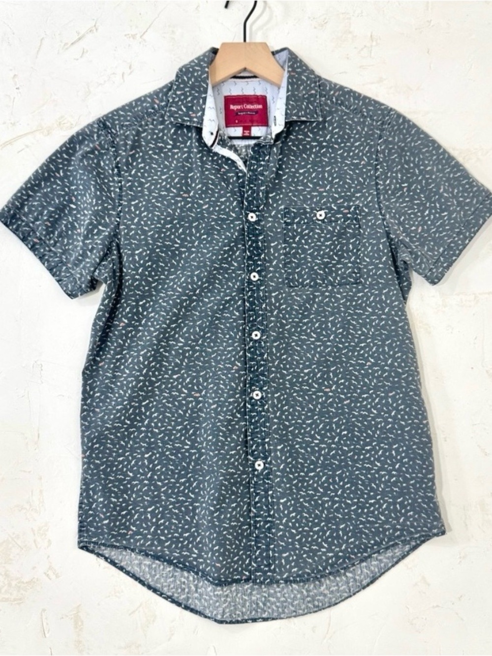 Report Collection Men’s S Short Sleeve Micro Print Button-Up Shirt
